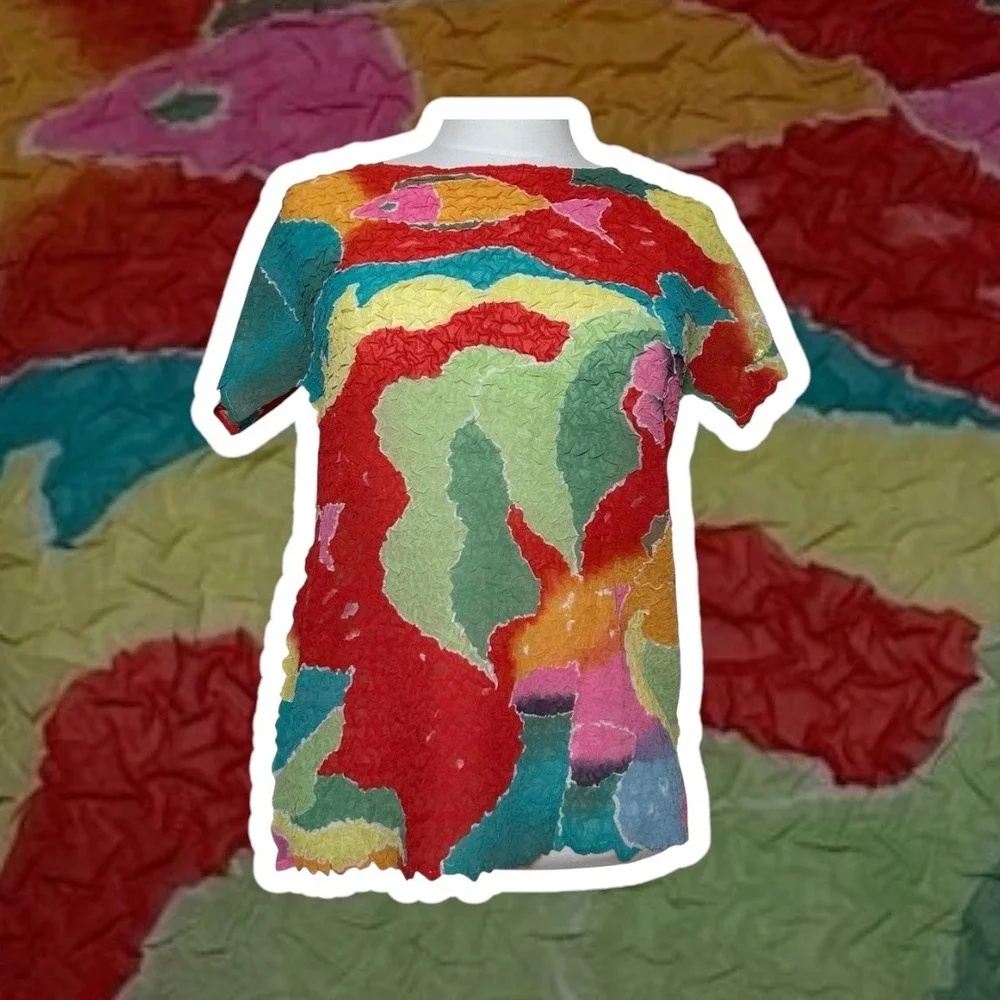 Vintage Textured‎ Avant Garde Crinkle Short Sleeve Gauzy Top Fish Retro Funky